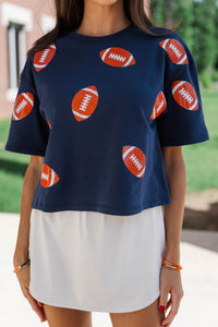First Down Fun Orange Sequin Football Navy Blue Top