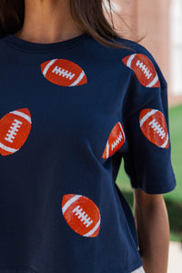 First Down Fun Orange Sequin Football Navy Blue Top