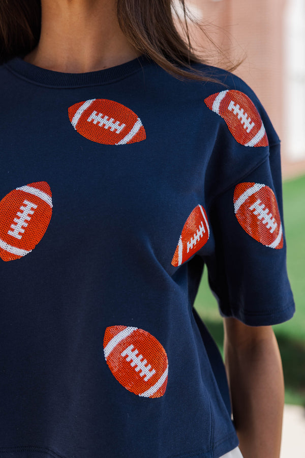 First Down Fun Orange Sequin Football Navy Blue Top