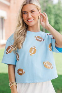First Down Fun Gold Sequin Football Light Blue Top