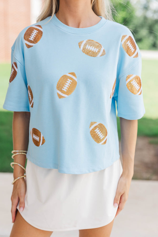 First Down Fun Gold Sequin Football Light Blue Top