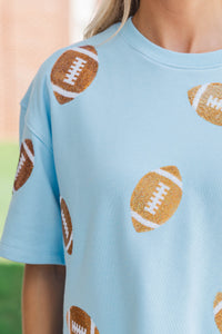 First Down Fun Gold Sequin Football Light Blue Top