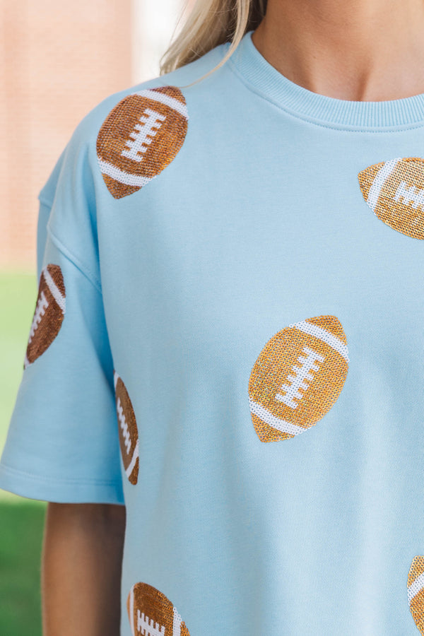 First Down Fun Gold Sequin Football Light Blue Top