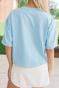 First Down Fun Gold Sequin Football Light Blue Top