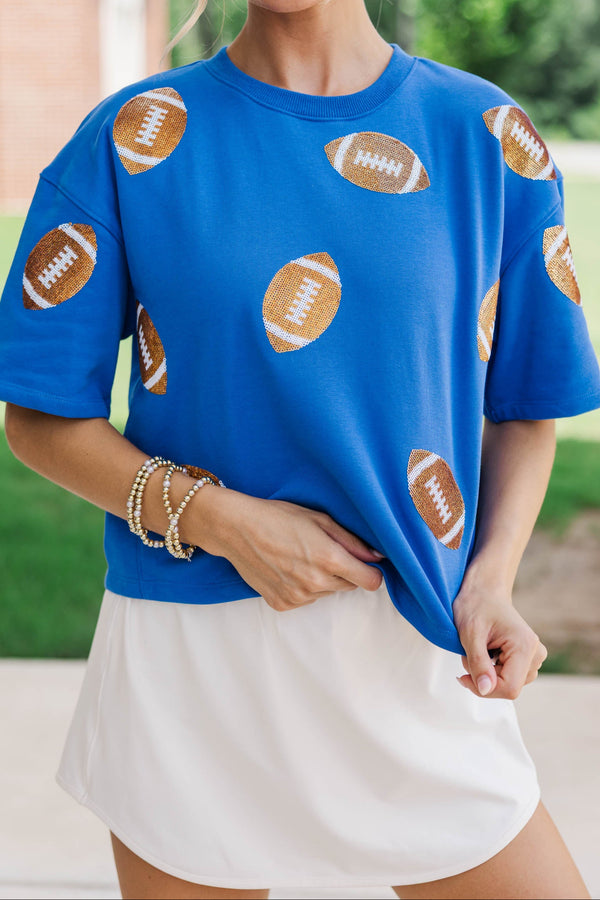 First Down Fun Gold Sequin Football Royal Blue Top