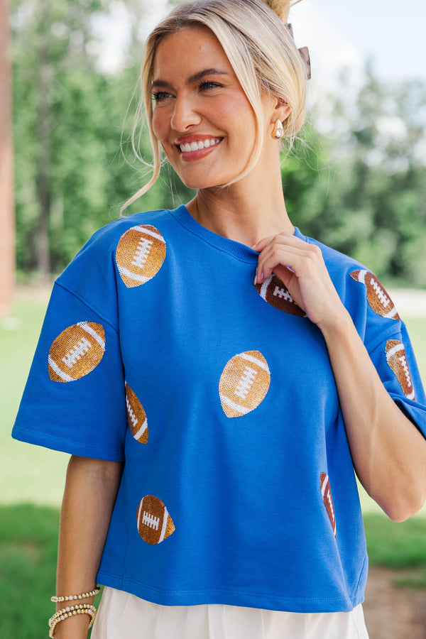 First Down Fun Gold Sequin Football Royal Blue Top