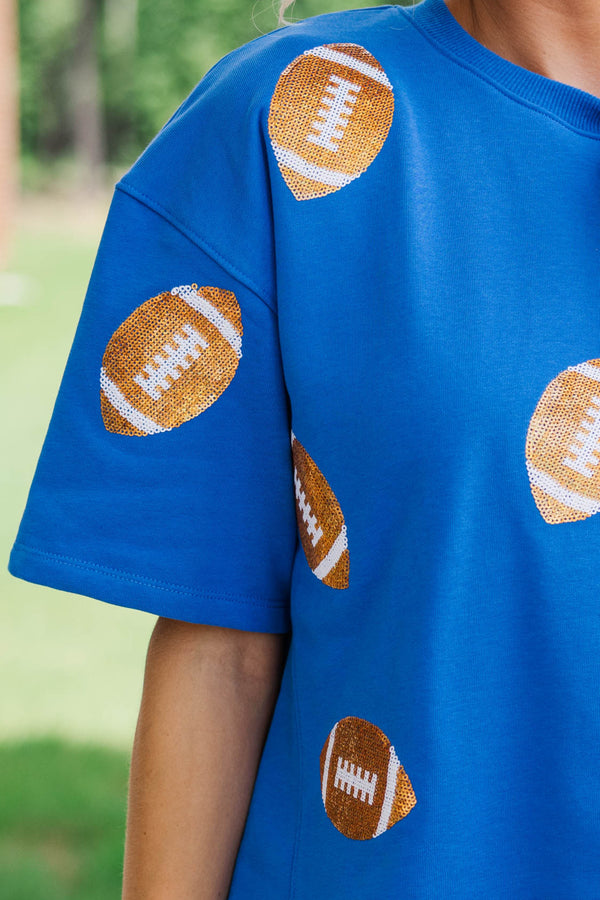 First Down Fun Gold Sequin Football Royal Blue Top