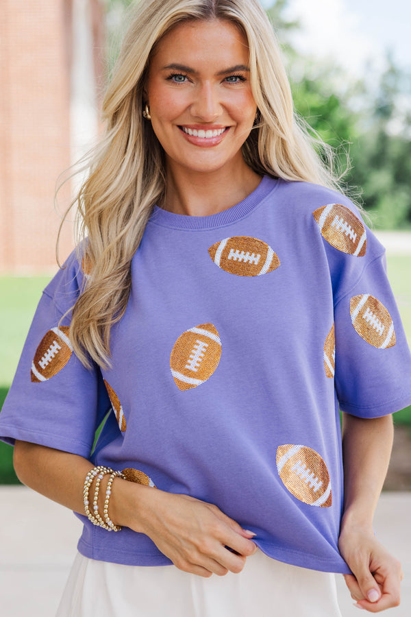 First Down Fun Gold Sequin Football Purple Top