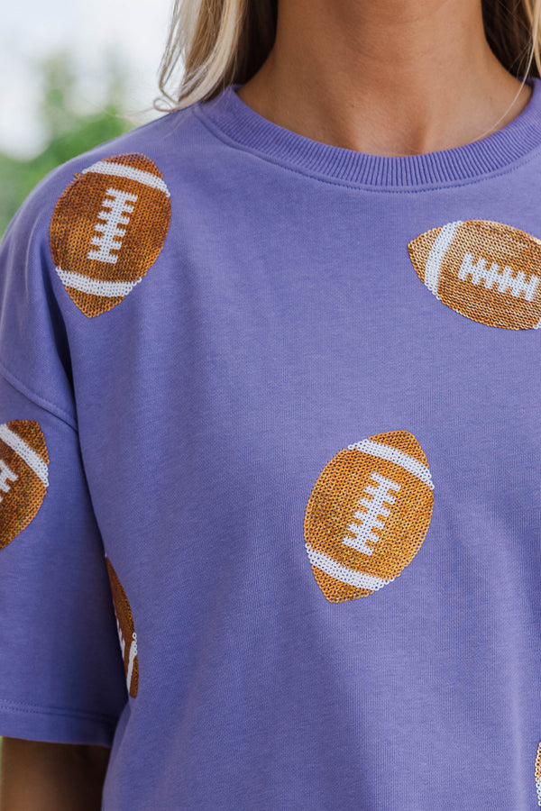 First Down Fun Gold Sequin Football Purple Top