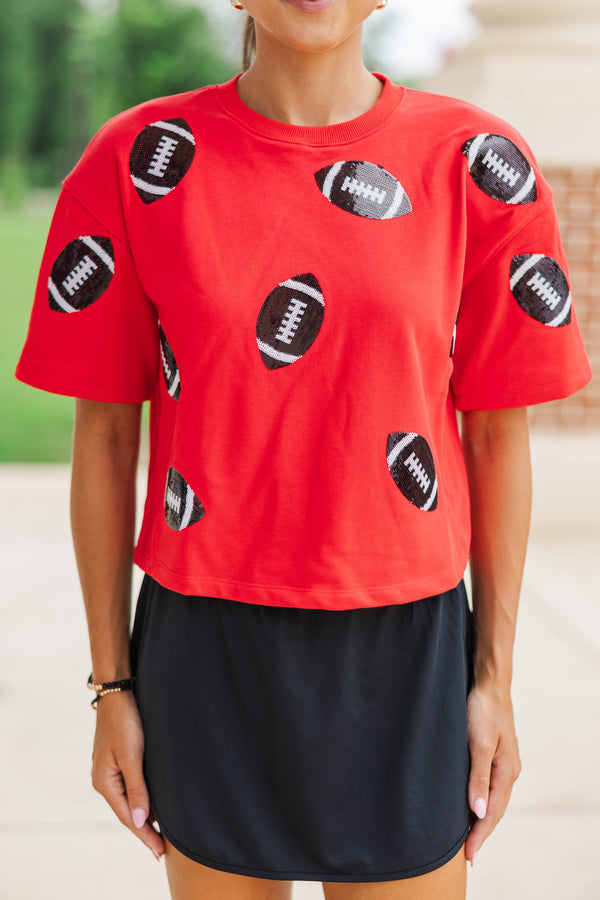 First Down Fun Black Sequin Football Red Top