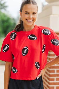 First Down Fun Black Sequin Football Red Top