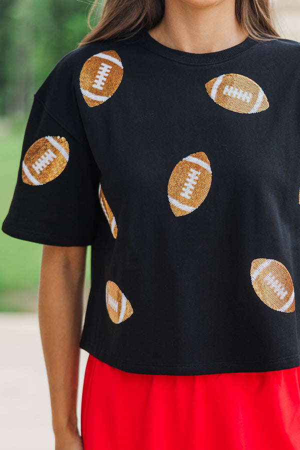 First Down Fun Gold Sequin Football Black Top