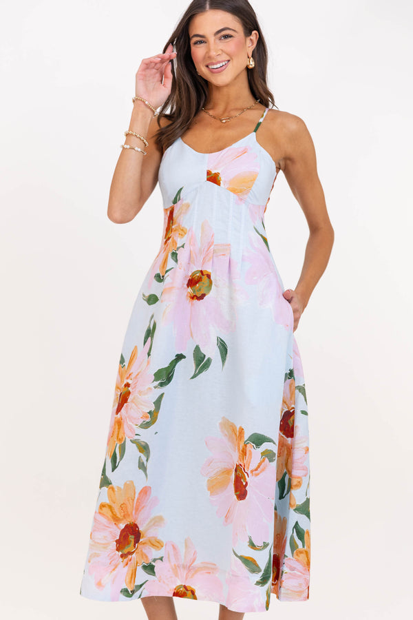 Stolen Moments Light Blue Floral Midi Dress