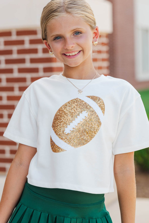 Girls: Fourth Quarter Flair White Sequin Football Top