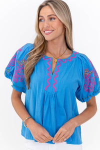 Magnolia Manor Blue Embroidered Blouse