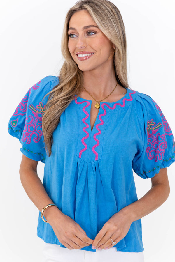Magnolia Manor Blue Embroidered Blouse