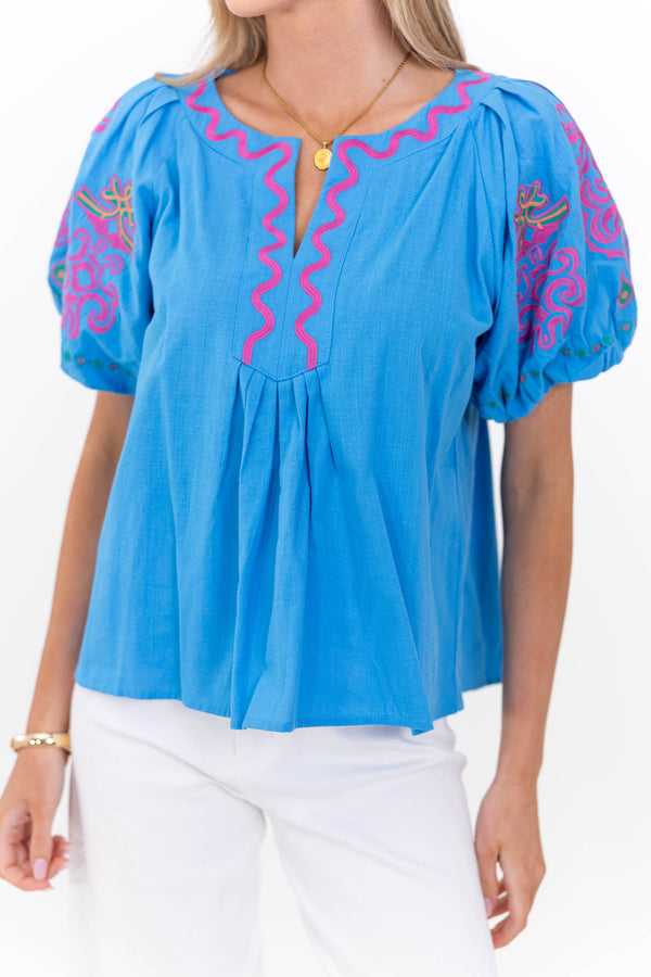 Magnolia Manor Blue Embroidered Blouse