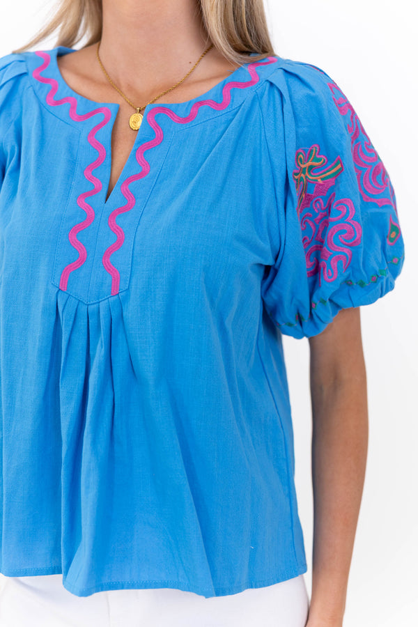 Magnolia Manor Blue Embroidered Blouse