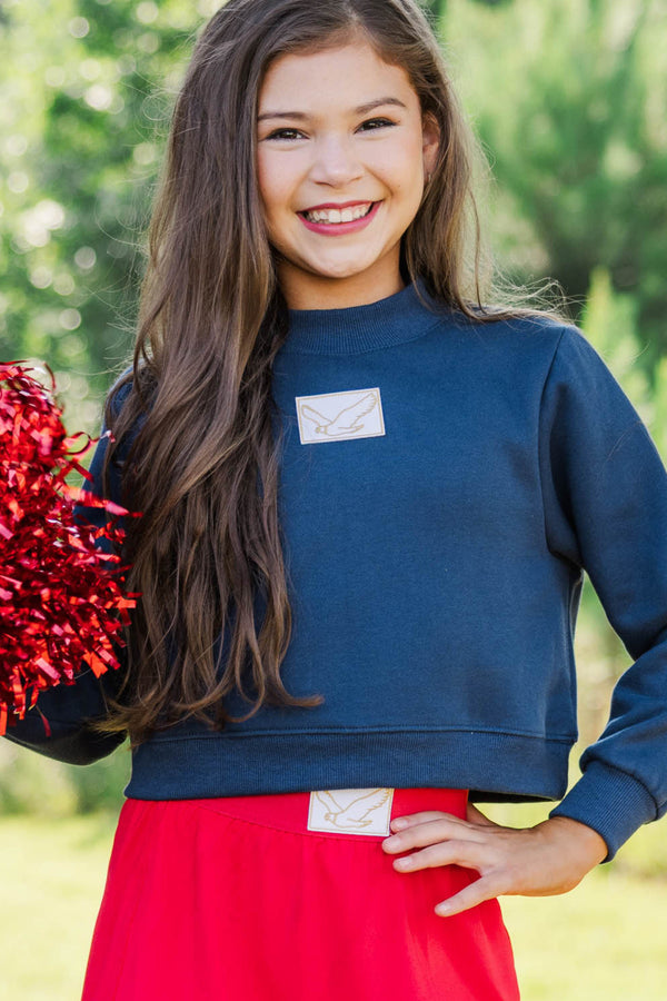 Girls: Built For Game Day Eagle Patch Navy Blue Mock Neck Pullover