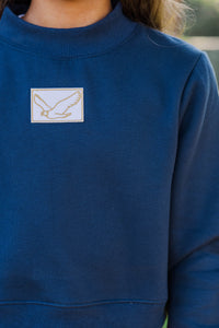 Girls: Built For Game Day Eagle Patch Navy Blue Mock Neck Pullover