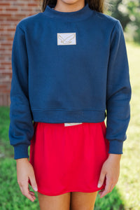 Girls: Built For Game Day Eagle Patch Navy Blue Mock Neck Pullover