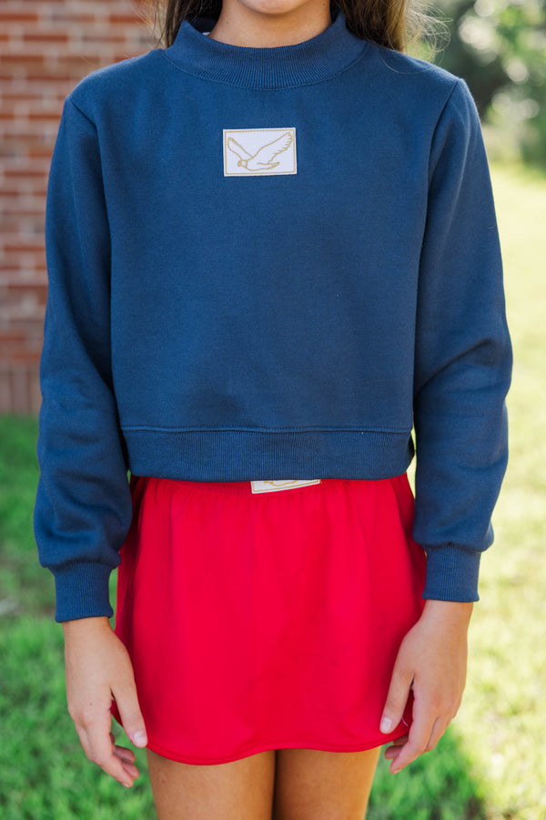 Girls: Built For Game Day Eagle Patch Navy Blue Mock Neck Pullover