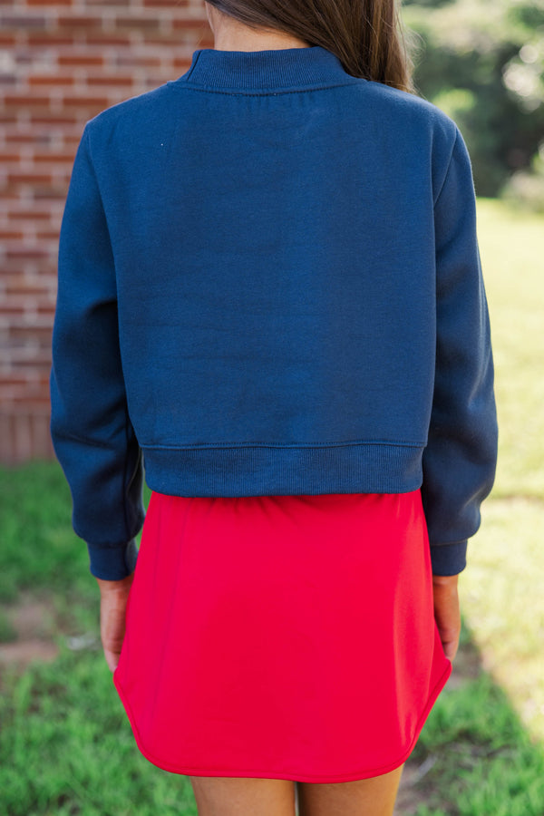 Girls: Built For Game Day Eagle Patch Navy Blue Mock Neck Pullover