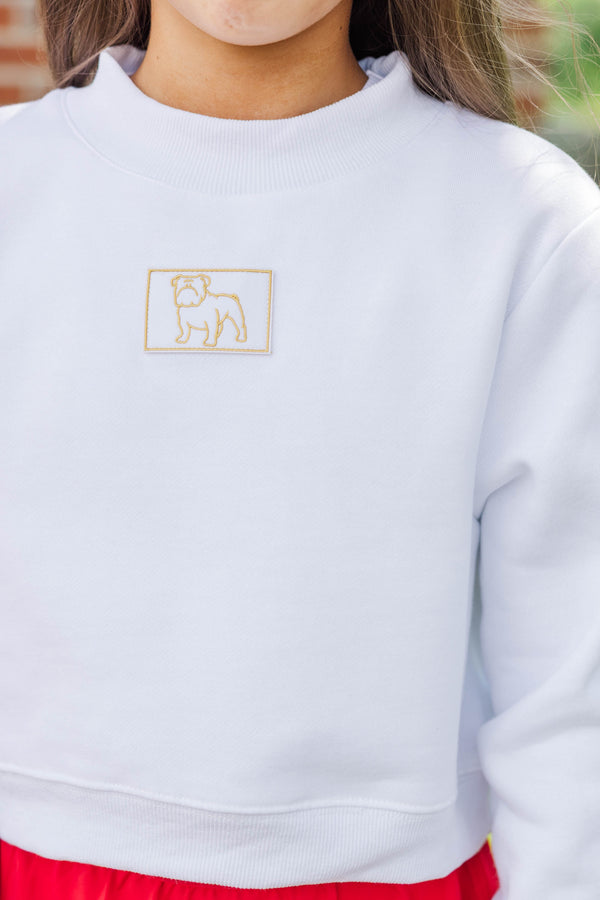 Girls: Built For Game Day Bulldog Patch White Mock Neck Pullover