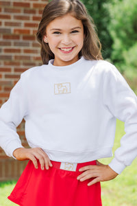 Girls: Built For Game Day Bulldog Patch White Mock Neck Pullover