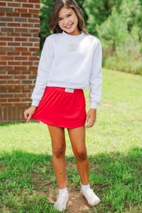 Girls: Built For Game Day Bulldog Patch White Mock Neck Pullover
