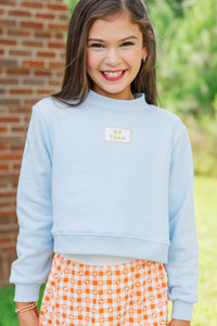 Girls: Built For Game Day Go Team Patch Light Blue Mock Neck Pullover