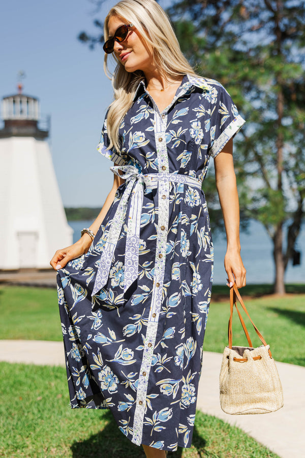 Put Together Energy Navy Blue Floral Midi Dress