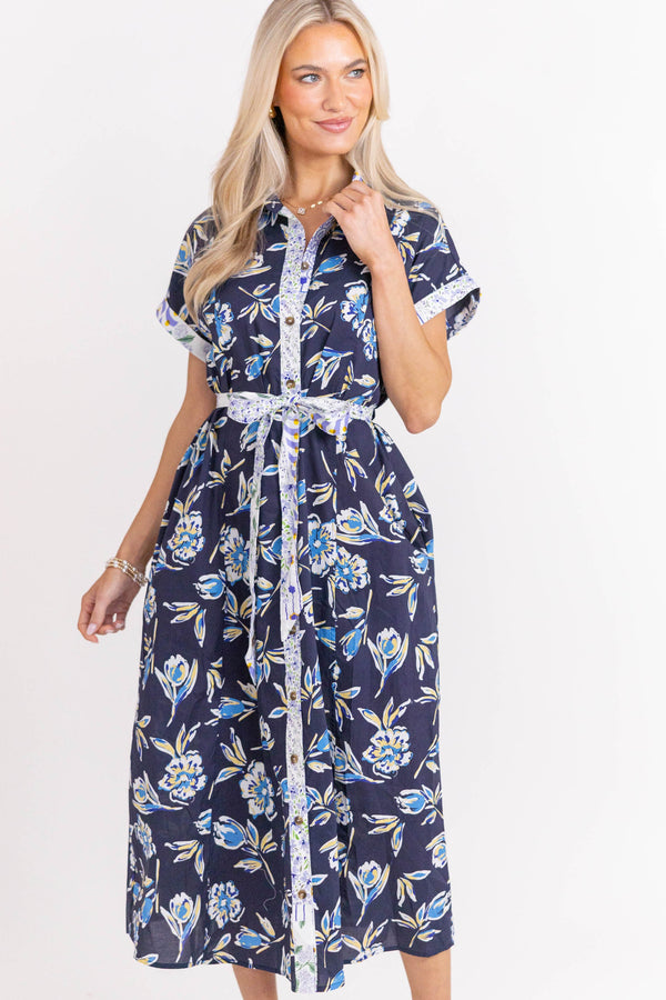 Put Together Energy Navy Blue Floral Midi Dress