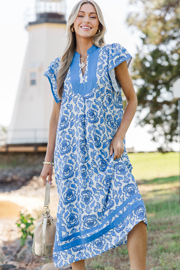 blue and gold midi dress Tahlia Wrap Midi Dress - Blue Gold Stripe