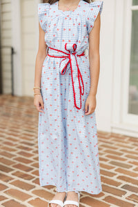 Girls: Just In Time Light Blue Gingham Jumpsuit
