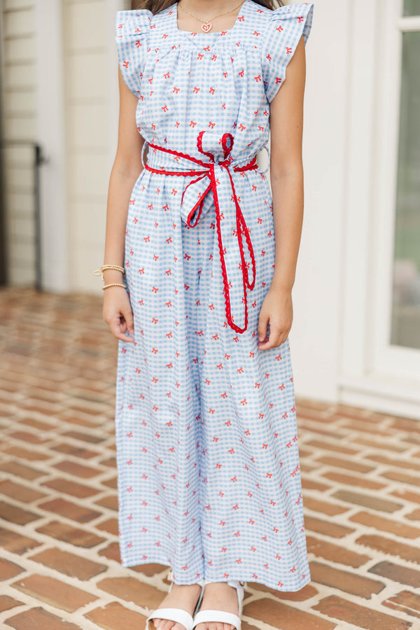 Girls: Just In Time Light Blue Gingham Jumpsuit