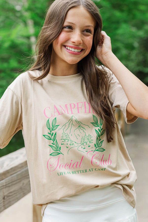 Girls: Campfire Social Club Taupe Graphic Tee