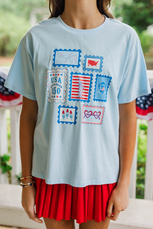 Girls: Stamps From The USA Light Blue Graphic Tee