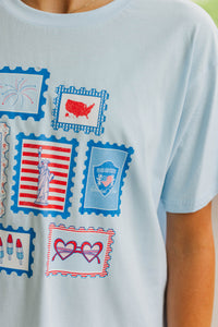 Girls: Stamps From The USA Light Blue Graphic Tee