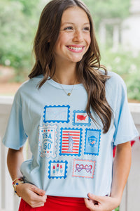 Girls: Stamps From The USA Light Blue Graphic Tee