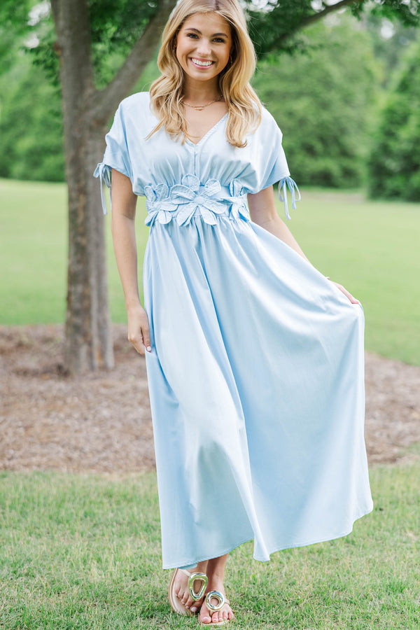 midi dresses for baptism Right From The Start Light Blue Floral Midi Dress, Medium - The Mint Julep Boutique