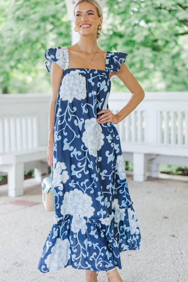 navy floral midi dress BRANDY V NECK SHORT FLUTTER SLEEVE DIPPED HEM No Stretch Navy and Cream Vintage Floral