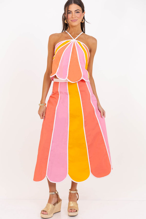 So Fun Peach Colorblock Midi Skirt