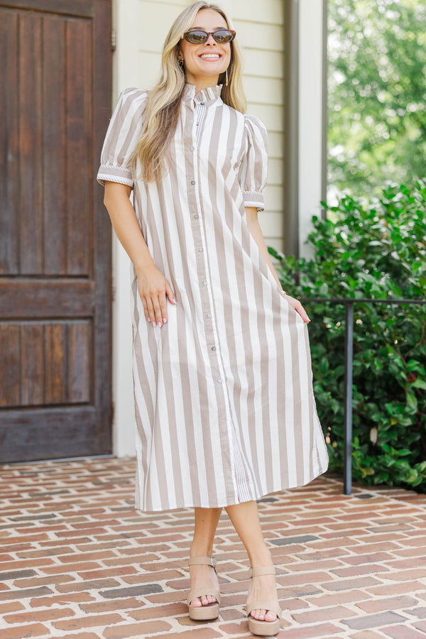 That’s The Way Taupe Striped Midi Dress