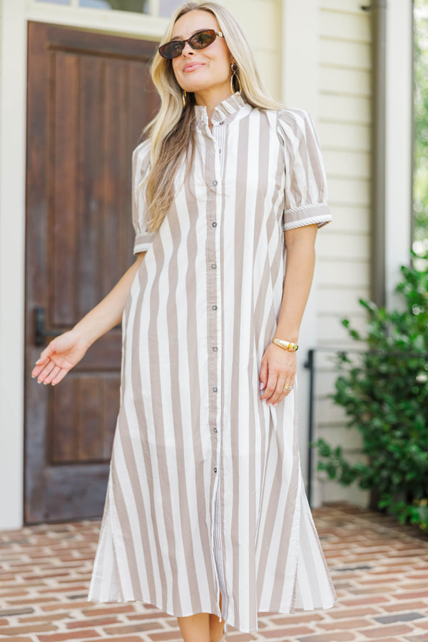 That’s The Way Taupe Striped Midi Dress