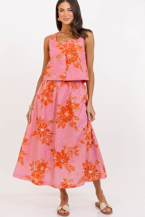Just My Style Pink Floral Midi Skirt