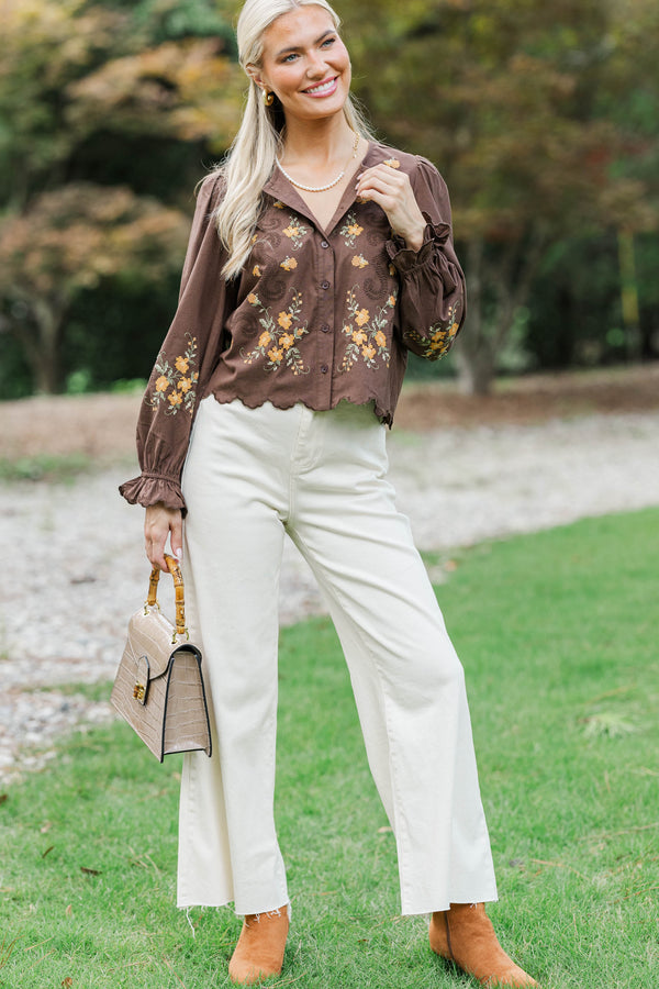 The One I Chose Brown Embroidered Blouse