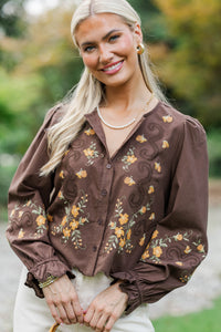 The One I Chose Brown Embroidered Blouse