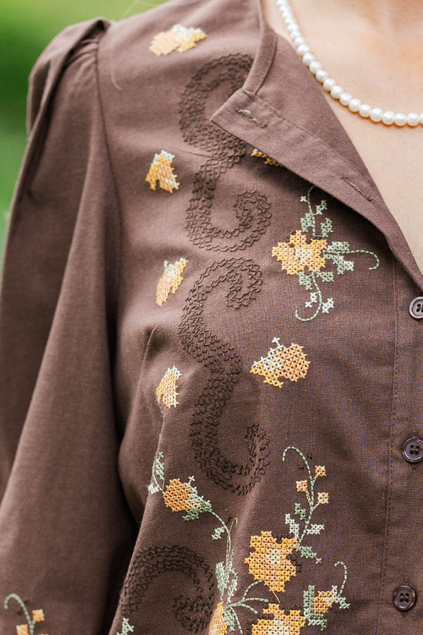 The One I Chose Brown Embroidered Blouse