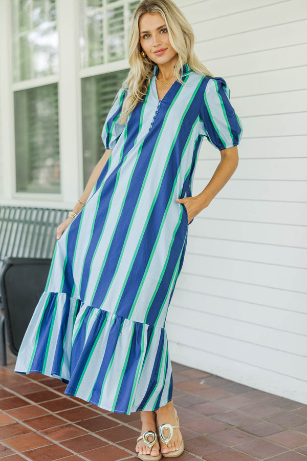 Just A Bit Better Blue Striped Midi Dress
